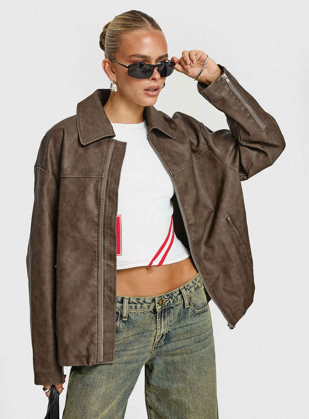 Faux Leather Collared Dad Jacket Washed Brown