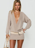 Kharie Plunge Neck Long Sleeve Knit Mini Dress Taupe