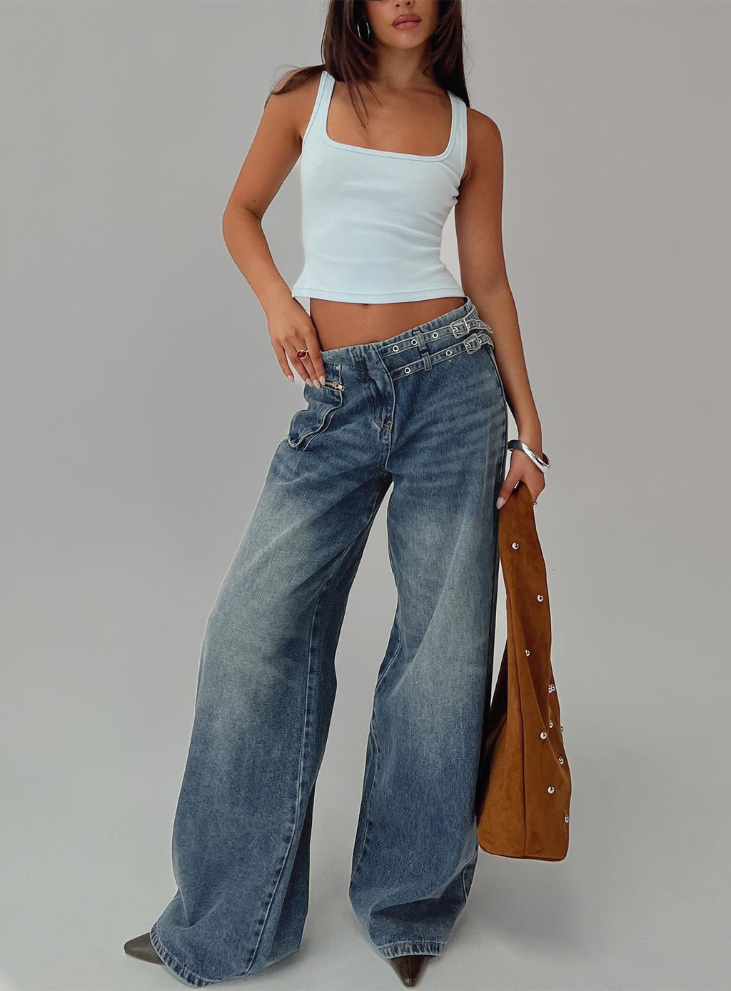 Paltrow Mid Rise Wide Leg Cargo Jeans Mid Blue Wash