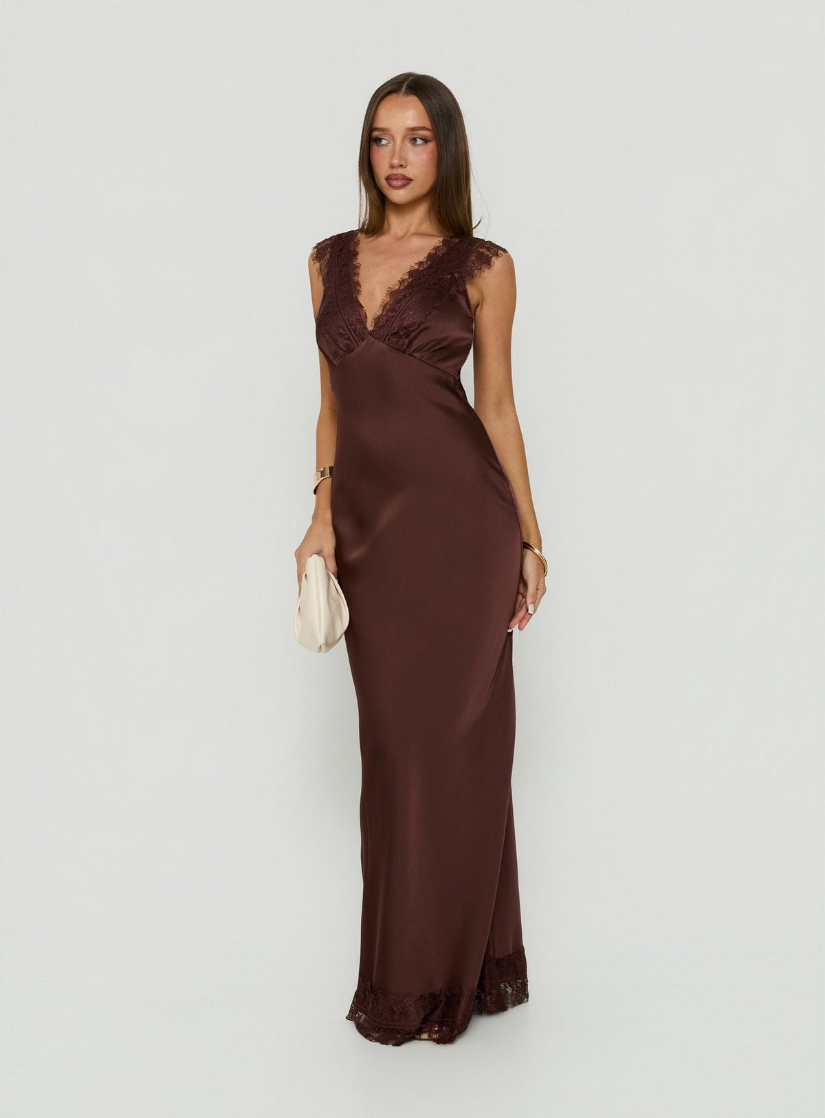 Kiinney Lace Trim Sleeveless Maxi Dress Brown