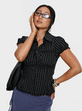 Deserve You Puff Sleeve Button Front Top Black Stripe