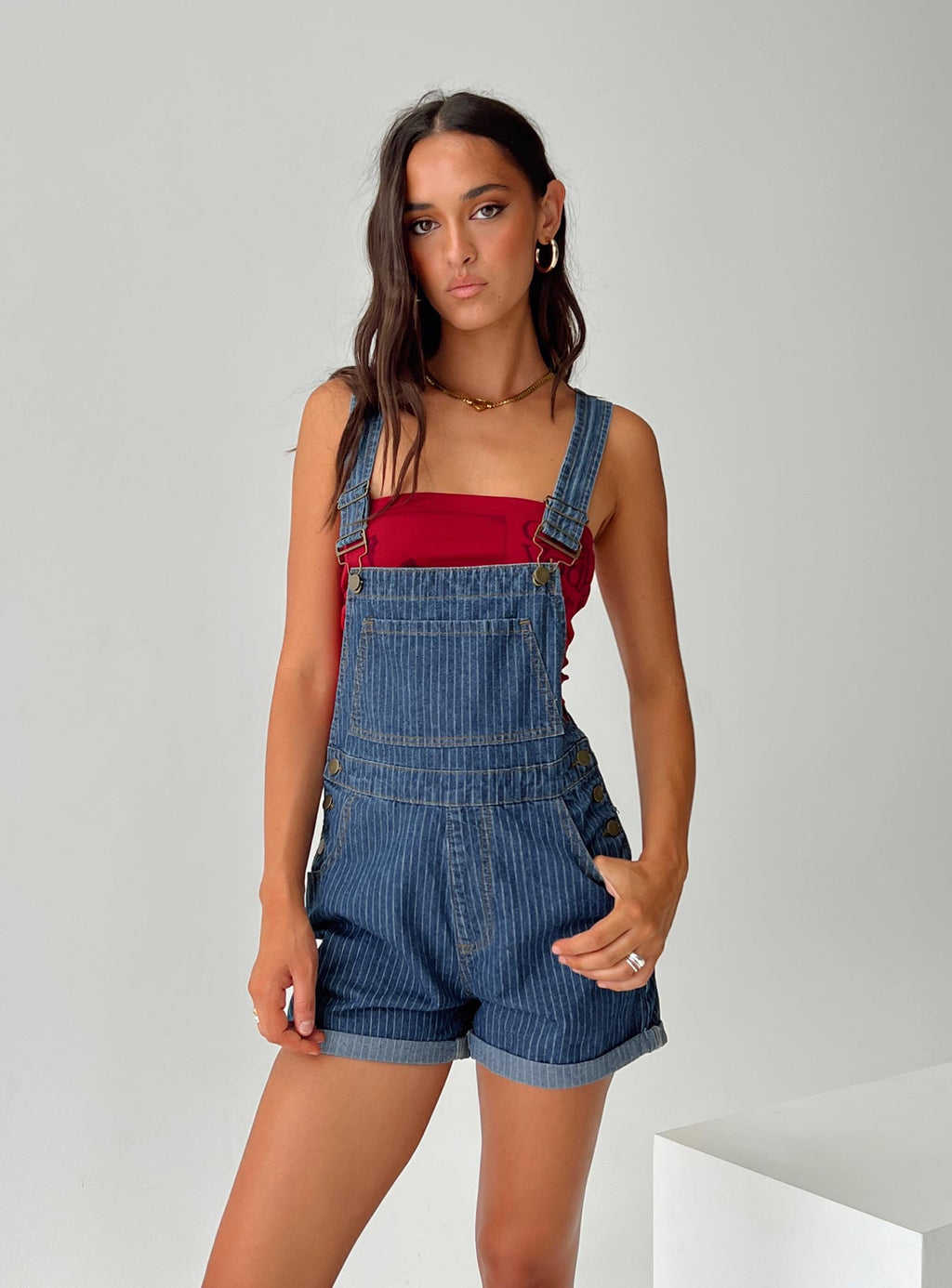 Kacey Short Overalls Mid Blue Pinstripe
