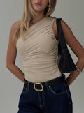 Heston Asymmetrical Ruched Bodysuit Beige