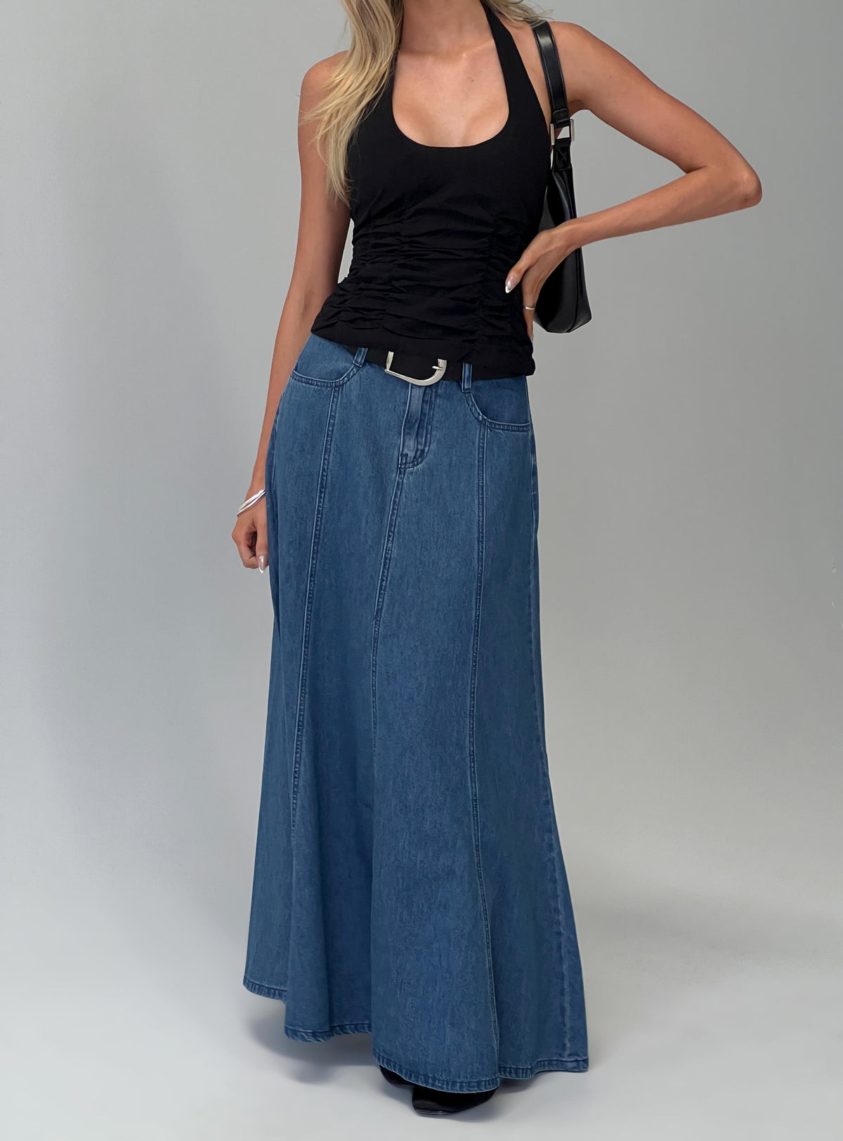 Charleigh Soft Pleat Denim Maxi Skirt Mid Blue Wash