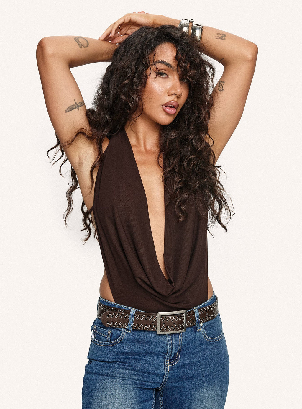 Quinna Plunge Neck Backless Bodysuit Chocolate