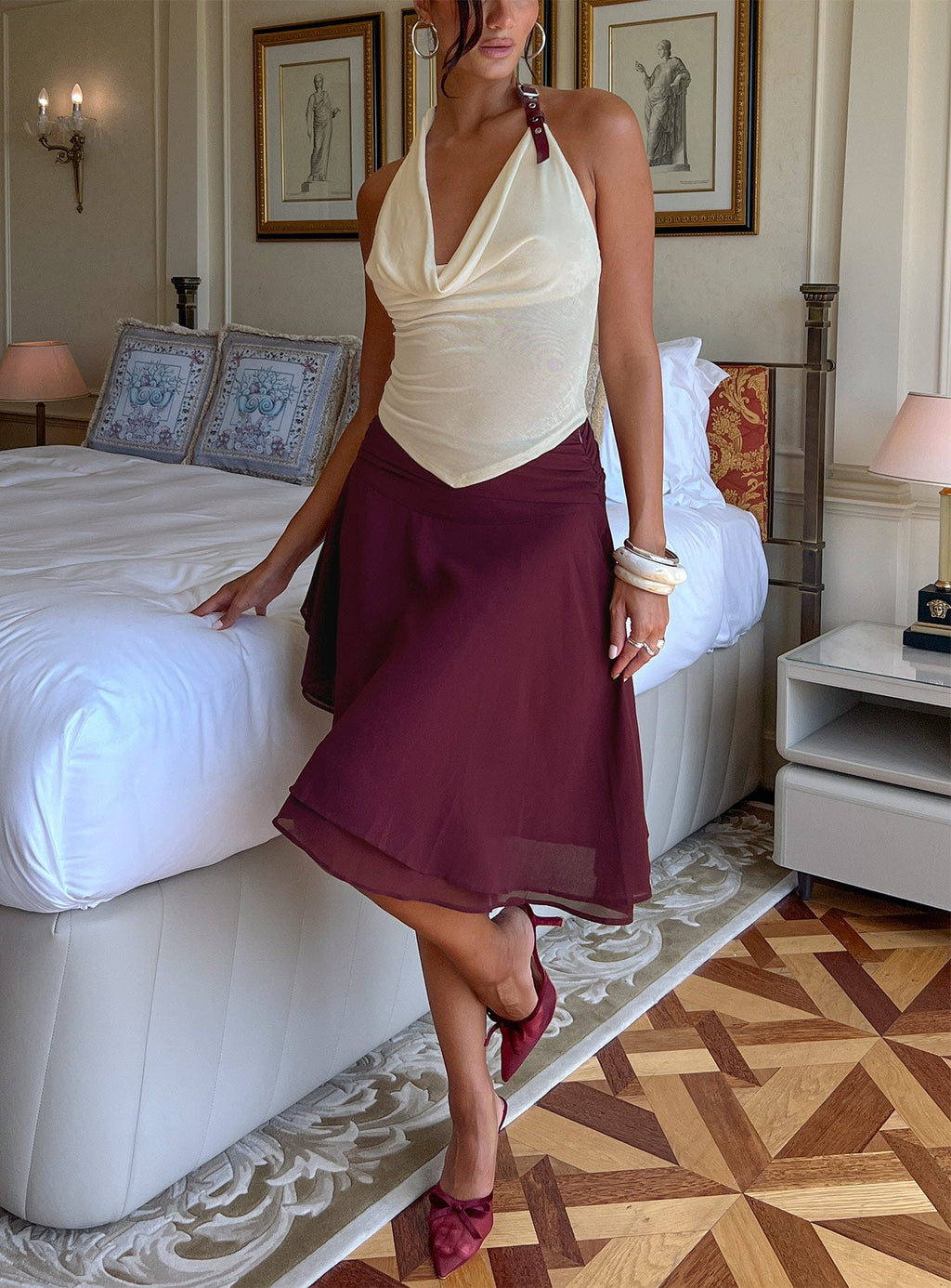 Evanescence Asymmetrical Midi Skirt Cherry