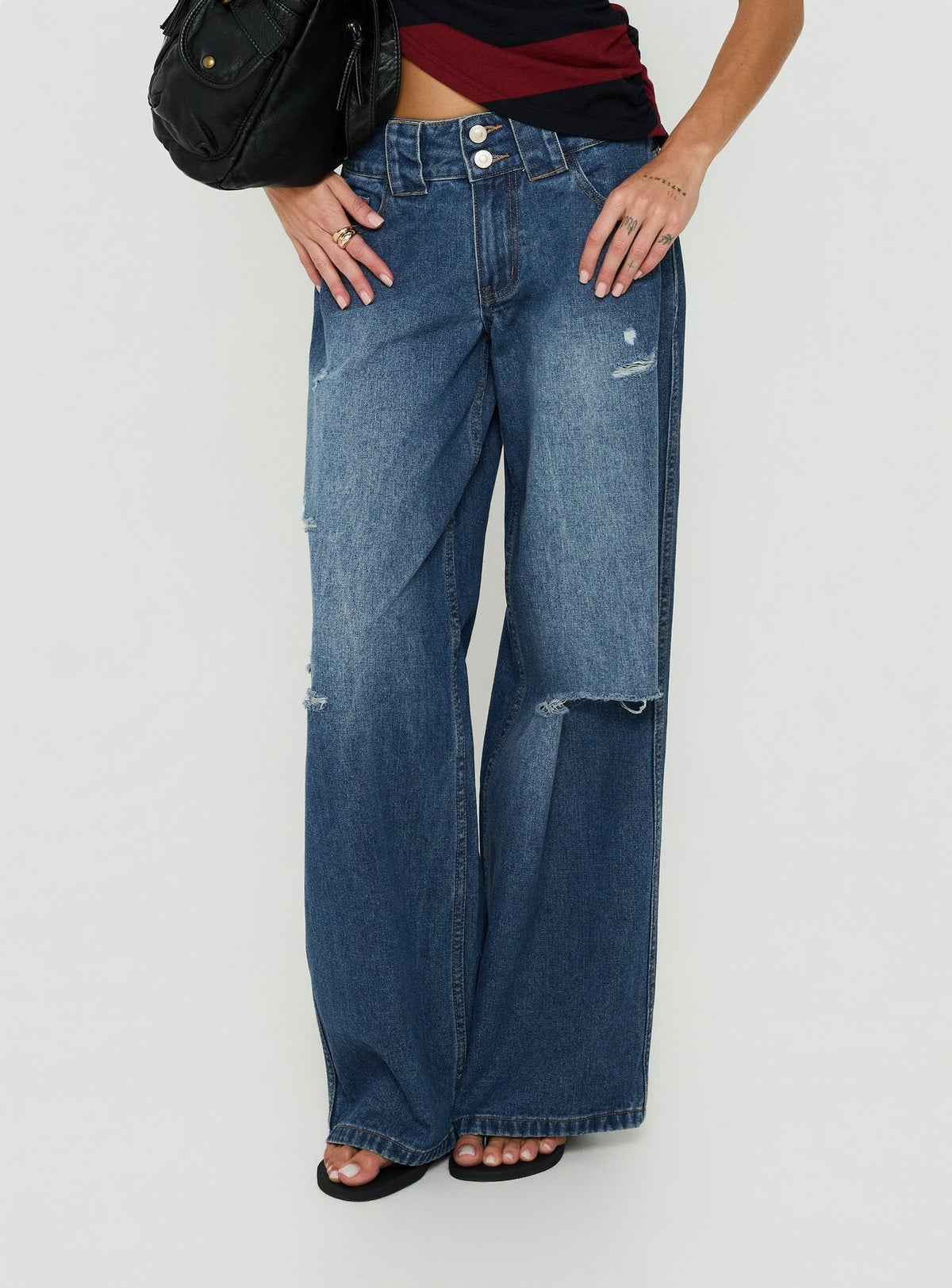 Ramos Low Rise Double Button Distressed Wide Leg Denim Jeans Mid Blue