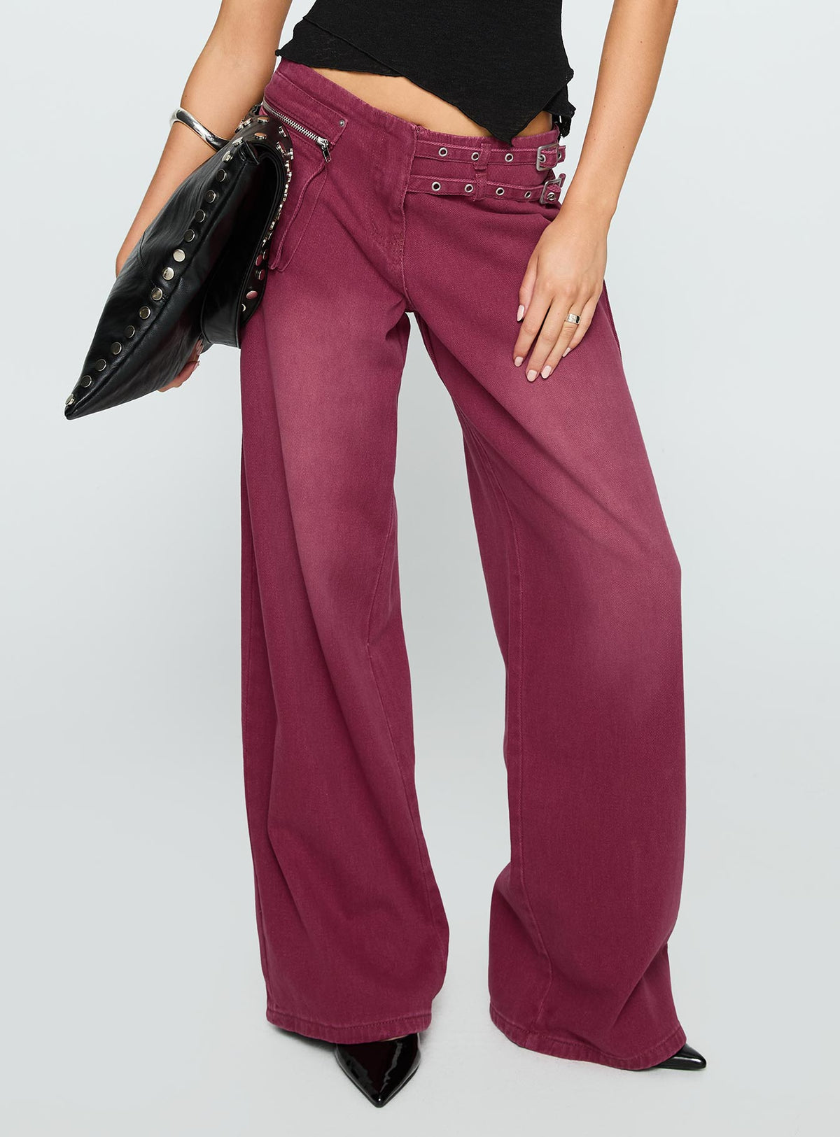 Paltrow Mid Rise Wide Leg Cargo Jeans Washed Burgundy