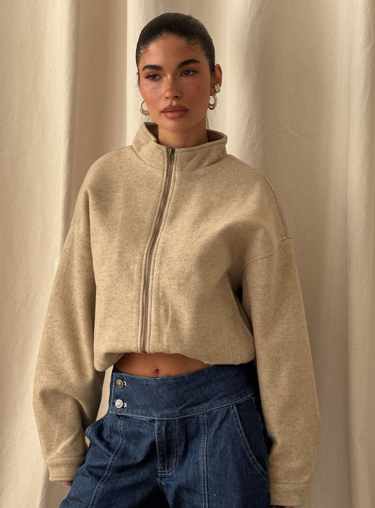 Chayden Cropped Faux Wool Bomber Jacket Beige