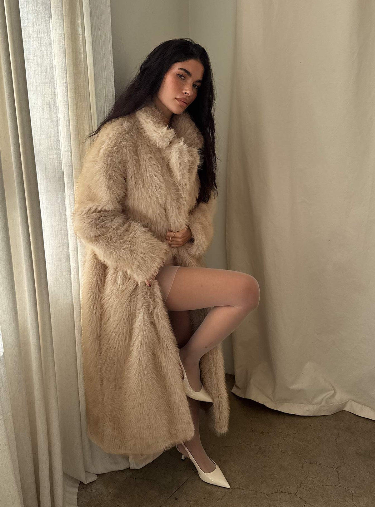 End Of Beginning Faux Fur Longline Jacket Beige