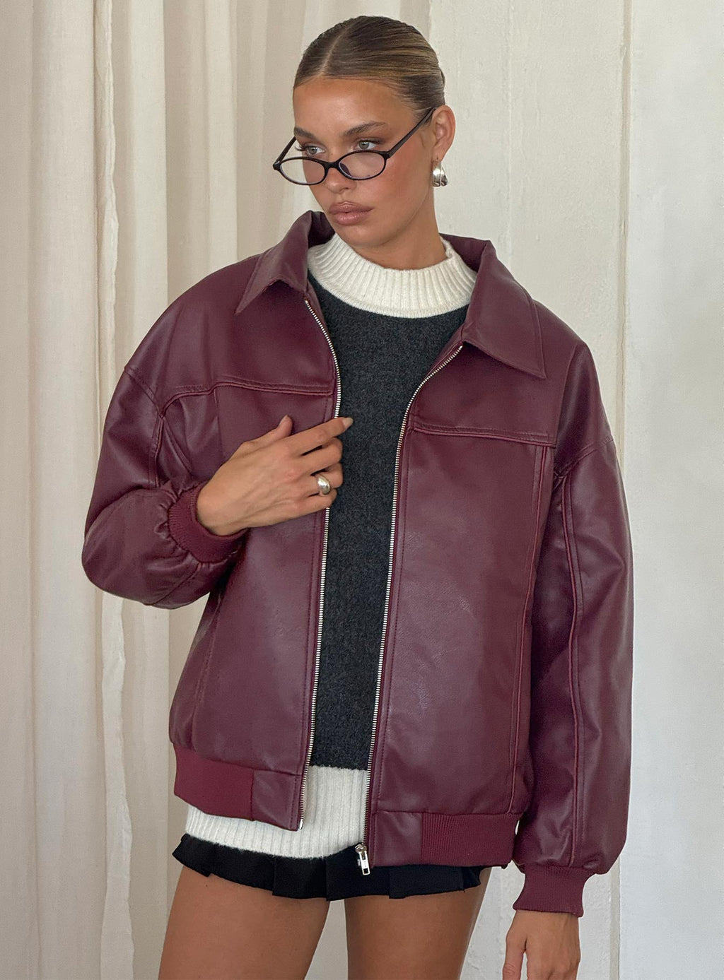 Goldsmith Faux Leather Bomber Jacket Burgundy