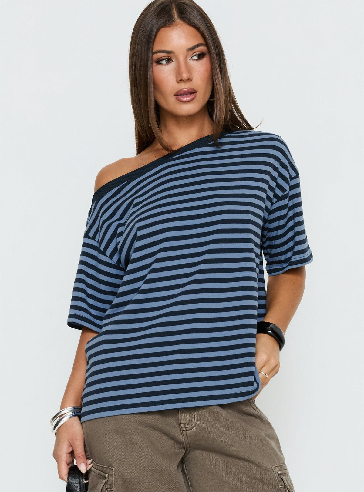 Settle Down One Shoulder Top Blue Stripe