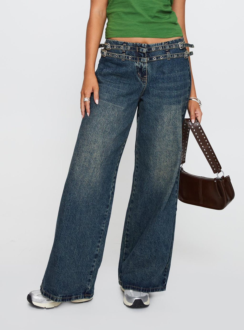 Baccarat Mid Rise Wide Leg Belted Jeans Dark Blue