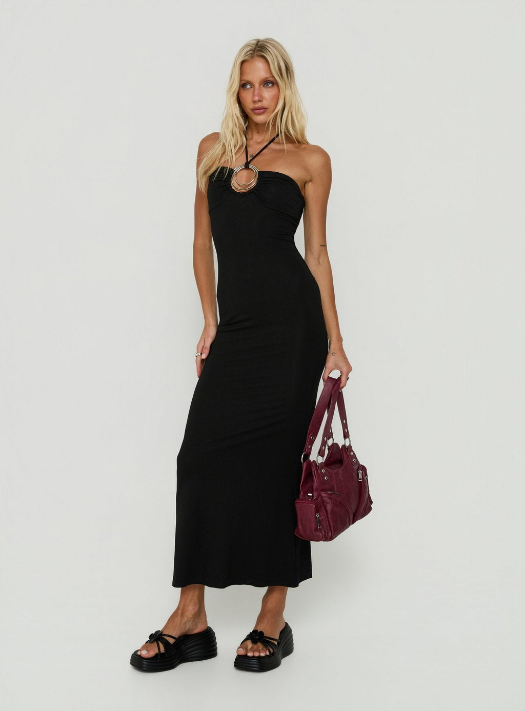Betsey Ring Detail Tie Neck Dress Black