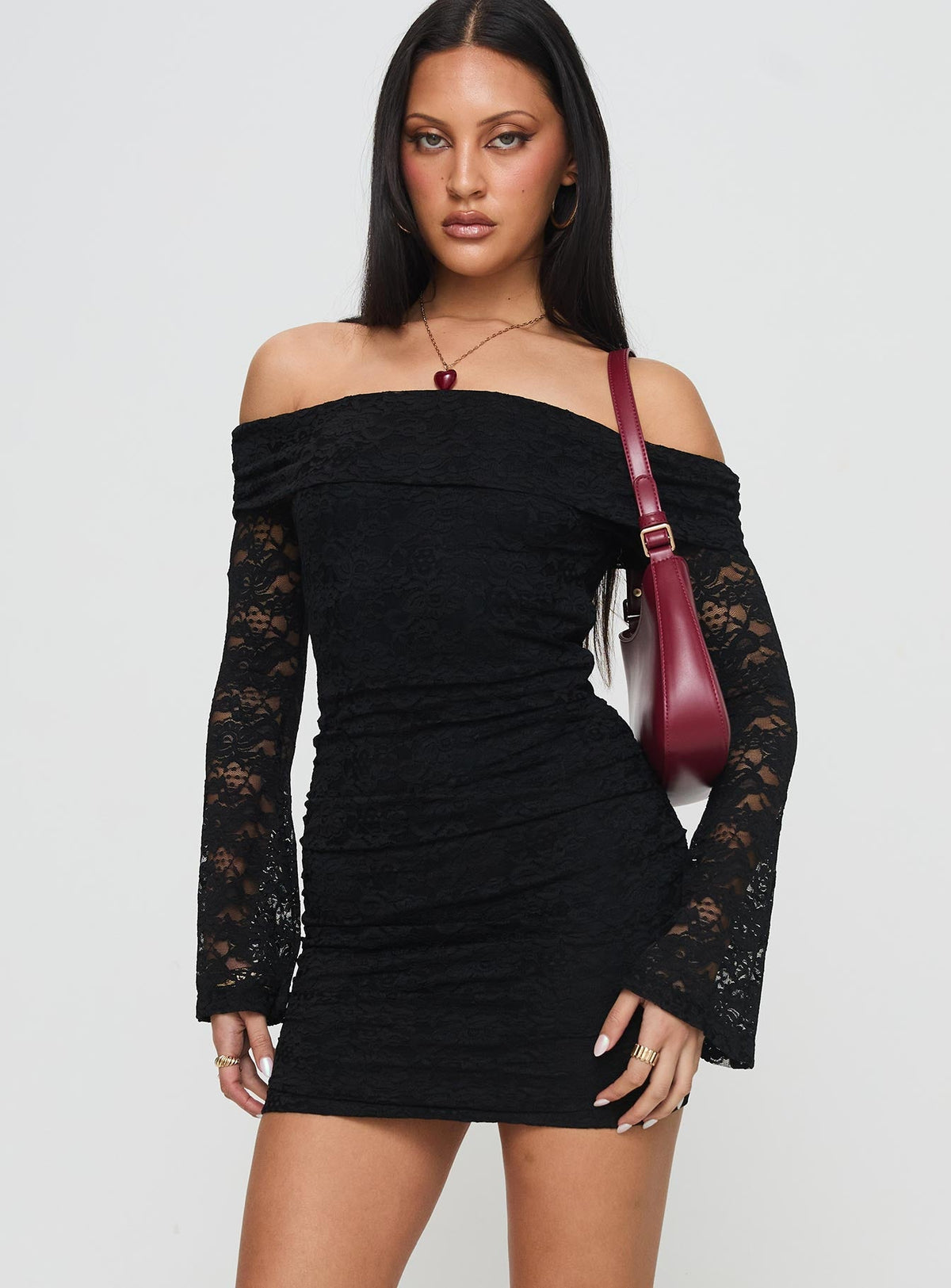 Fable Long Sleeve Off Shoulder Mini Dress Black