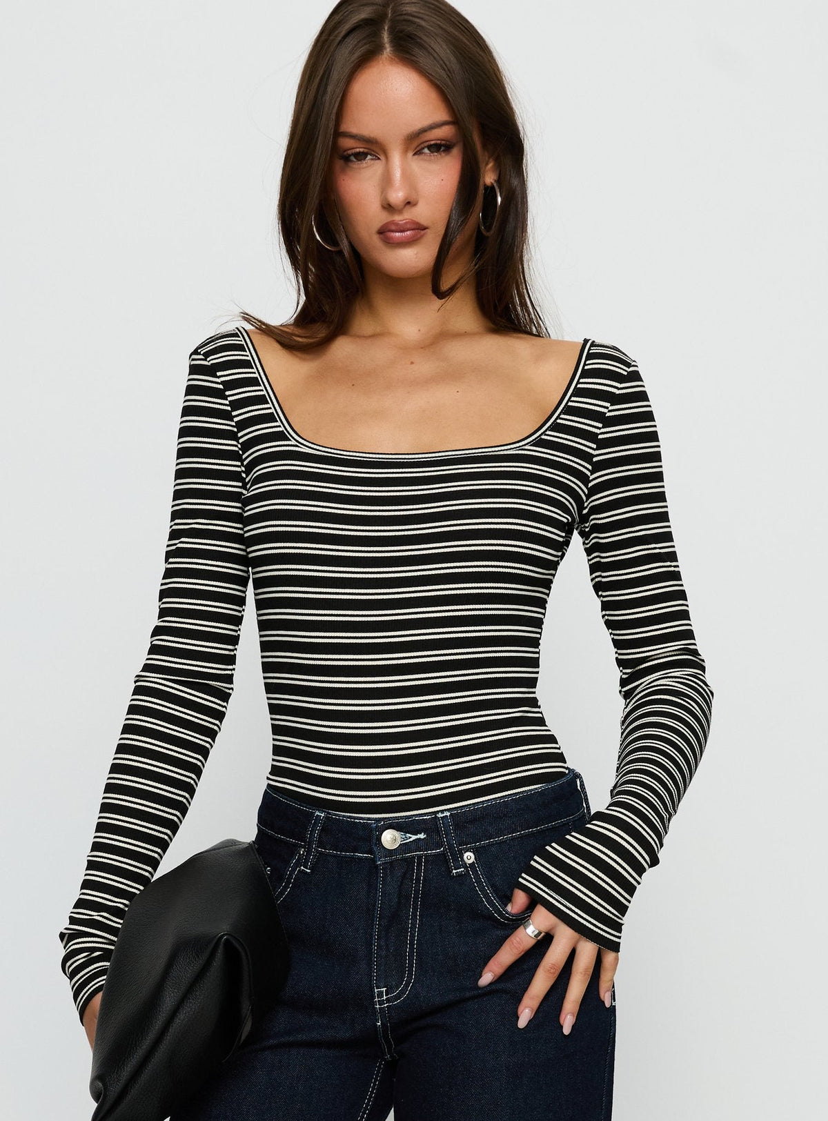 Donica Square Neck Long Sleeve Bodysuit Grey Stripe