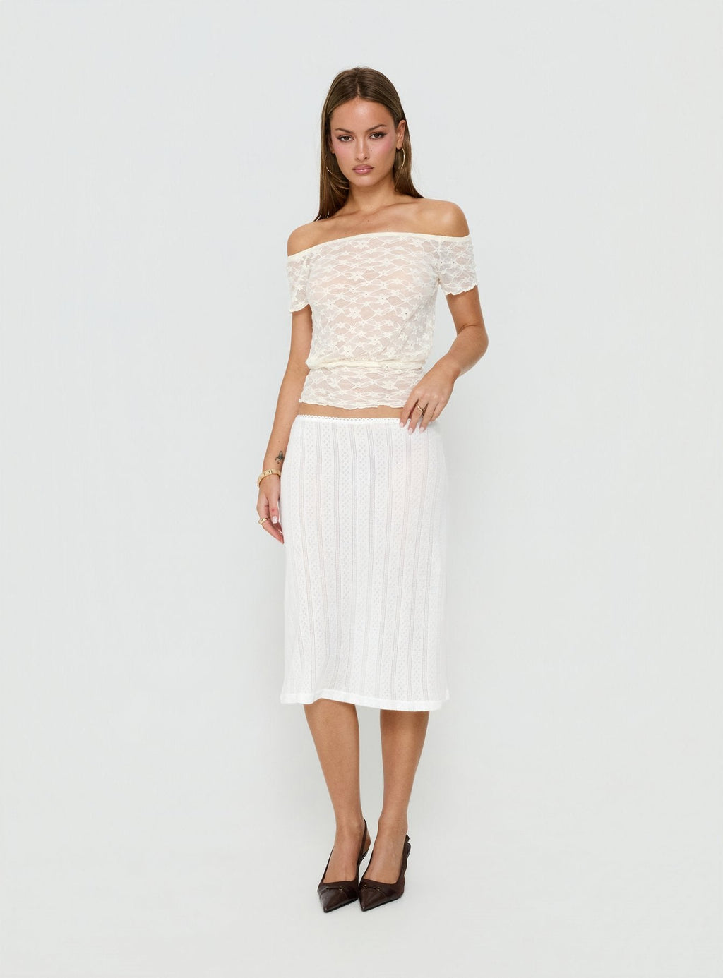 Coralyne Pointelle Midi Skirt White