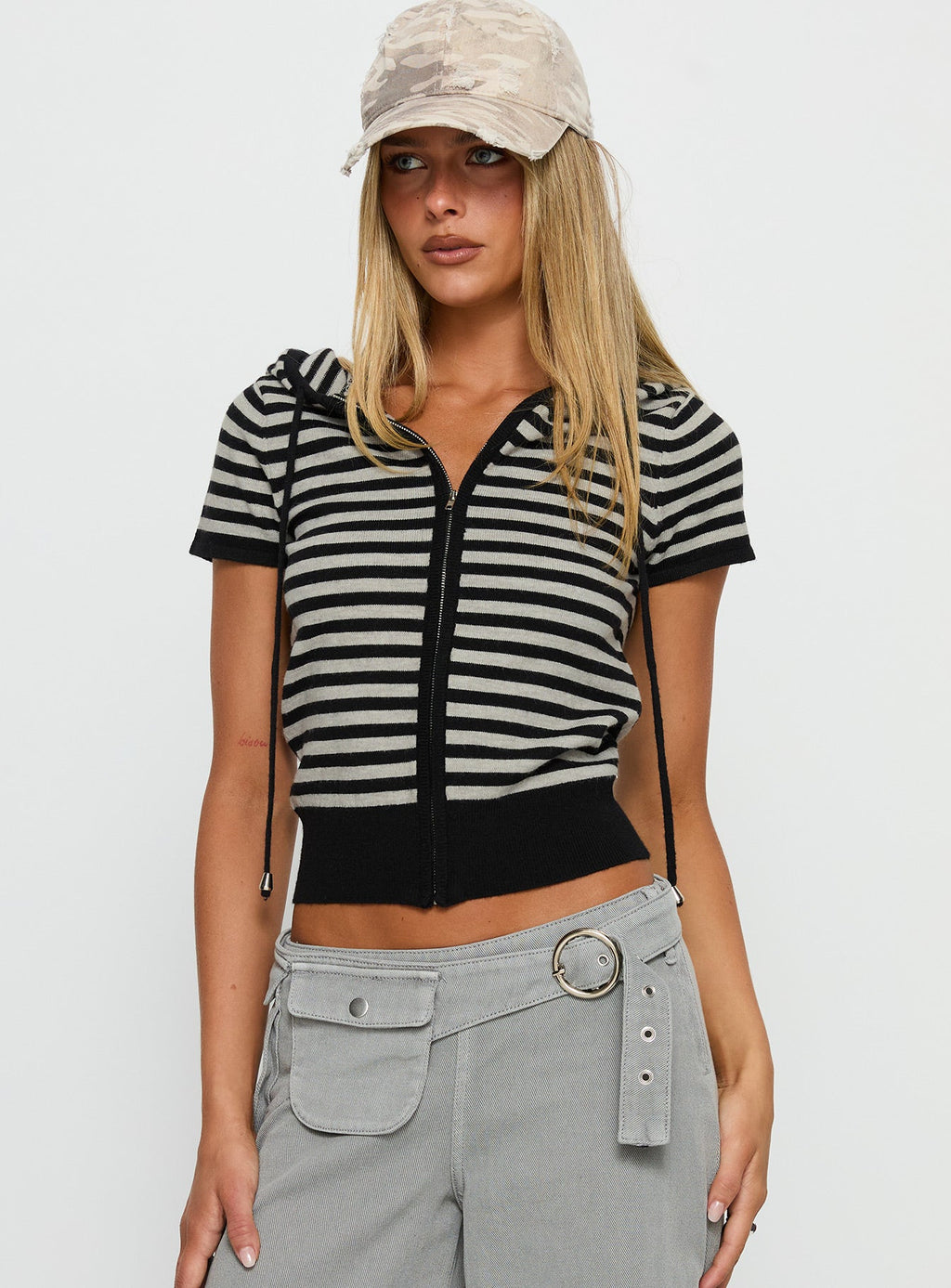 Kahlee Zip Through Hoodie Grey / Black Stripe
