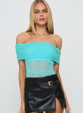 Dreamscapes Off Shoulder Mesh Bodysuit Blue