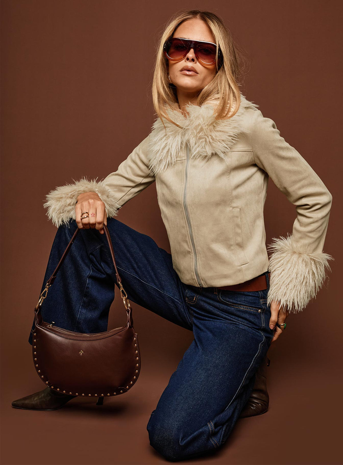 Jeanna Suede Faux Fur Detail Jacket Beige
