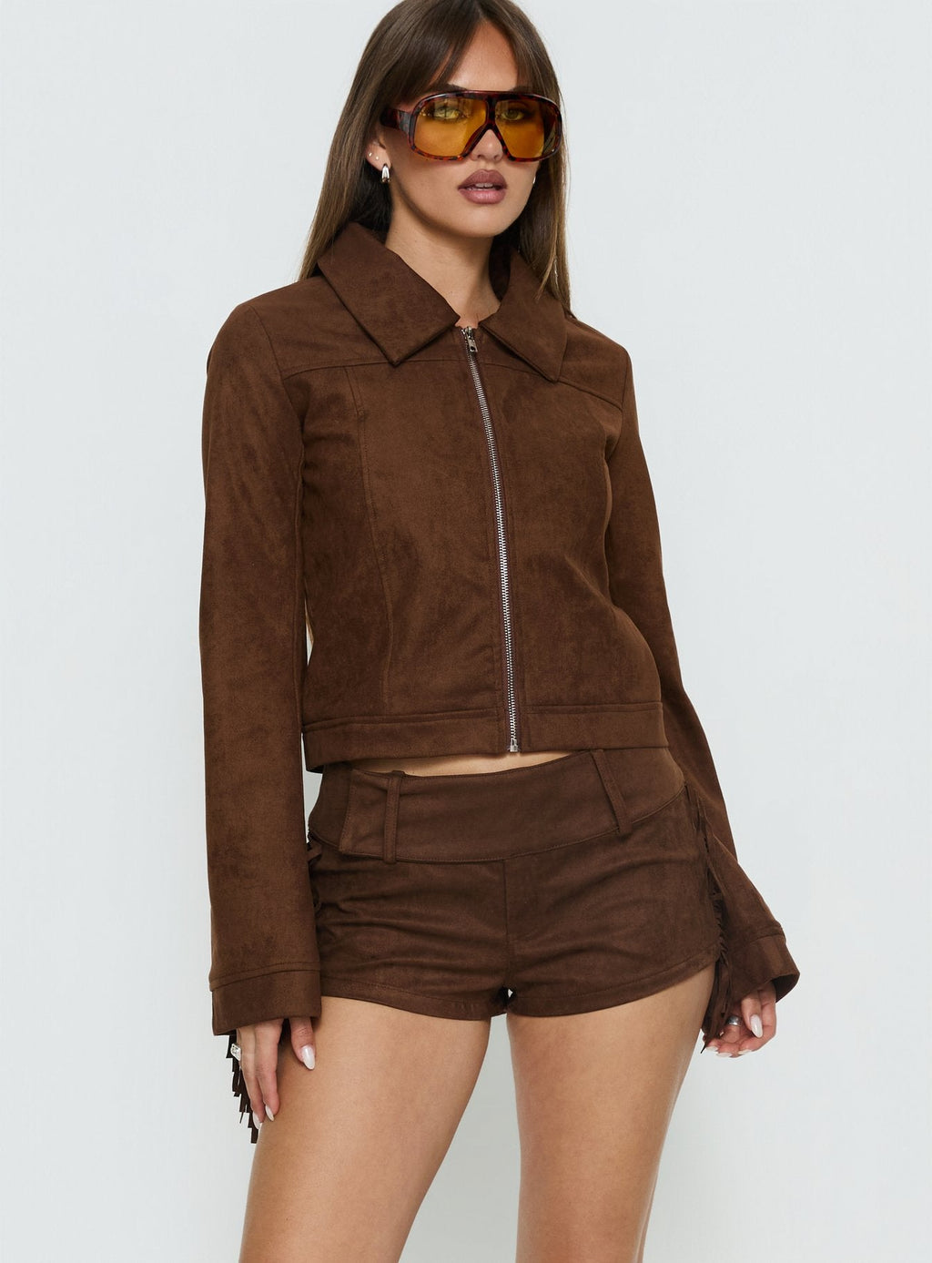 Dakohda Faux Suede Fringe Micro Short Chocolate Brown