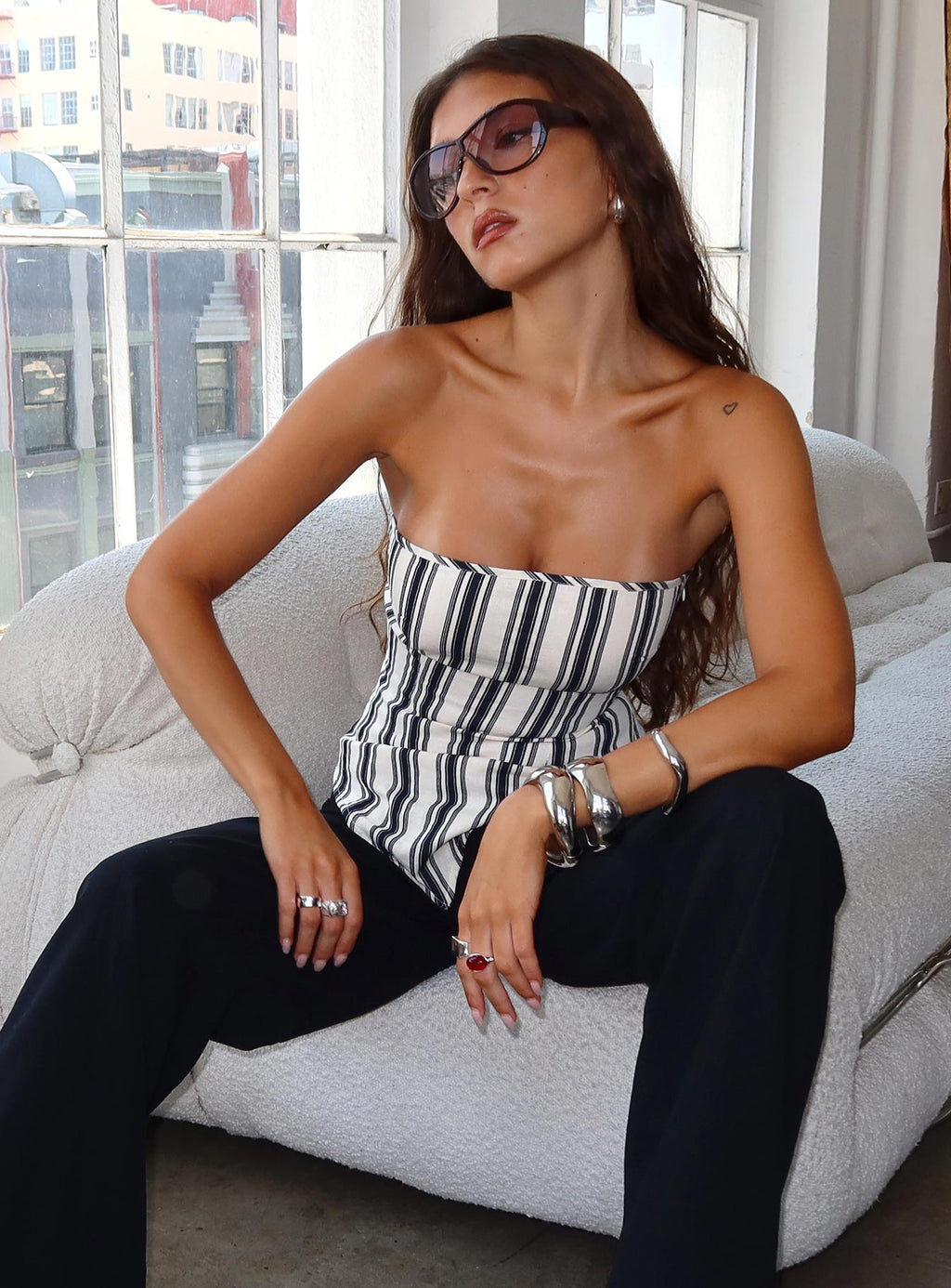 Palo Alto Strapless Scarf Top Black / White Stripe