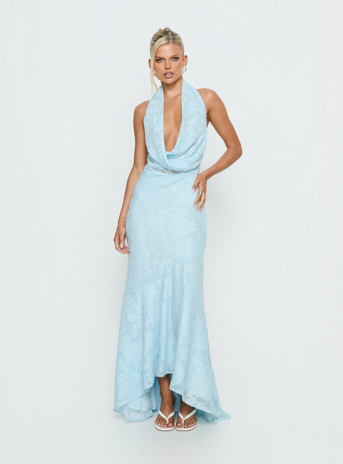 Invisible String Cowl Plunge Backless Maxi Dress Light Blue