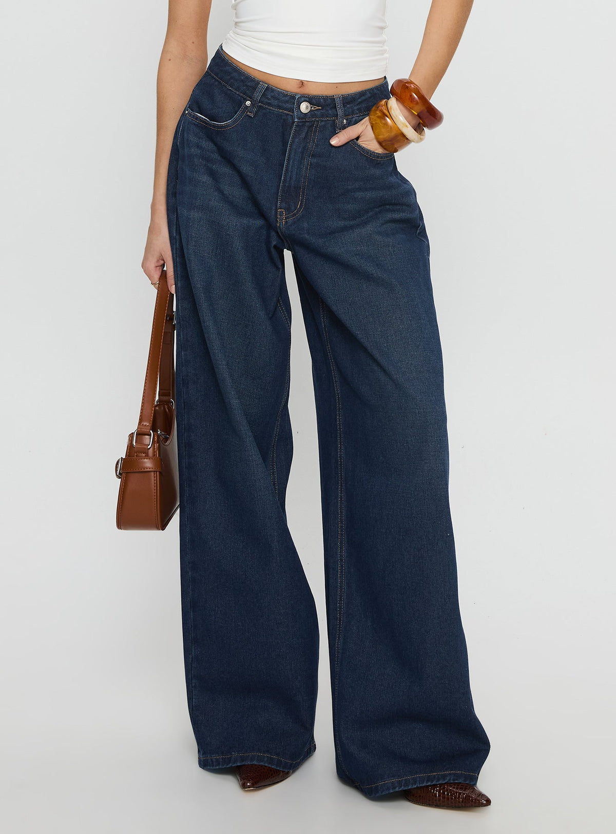 Naylor Mid Rise Wide Leg Jeans Mid Blue Denim