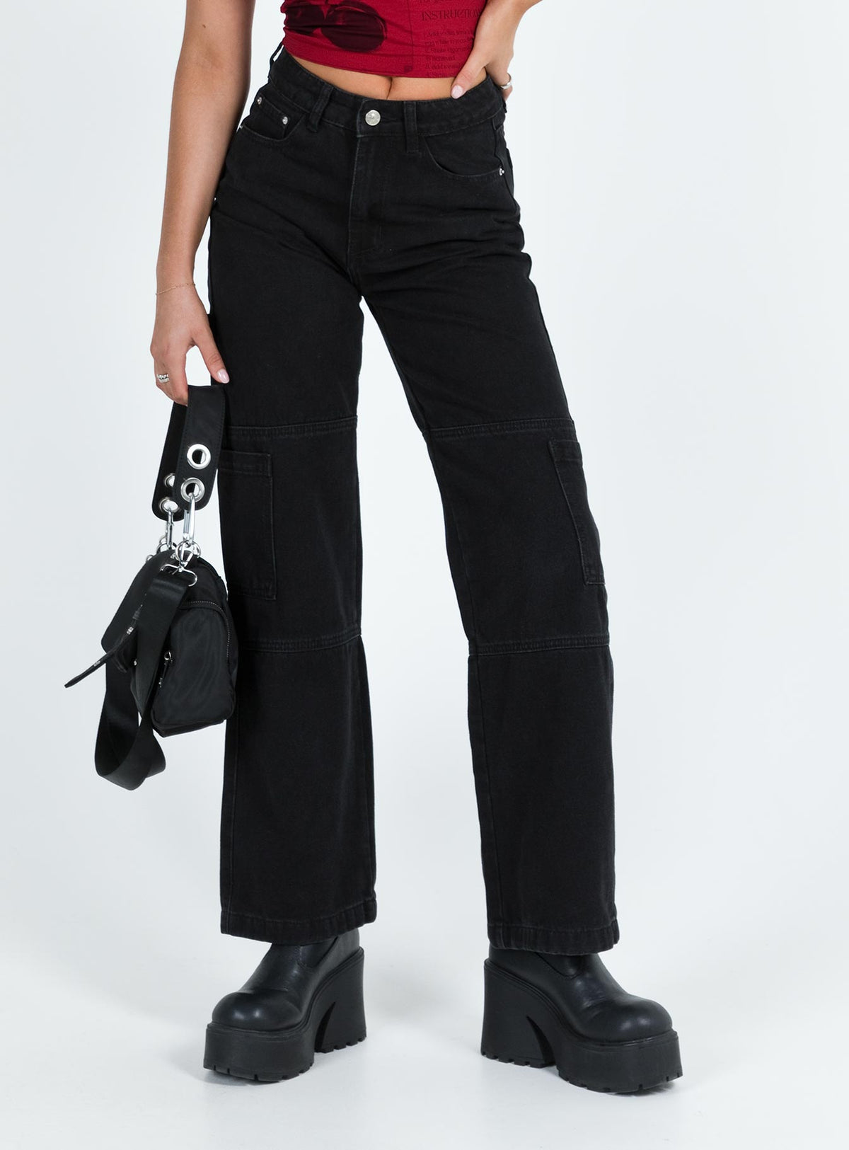 Thomson High Rise Wide Leg Cargo Jeans Black