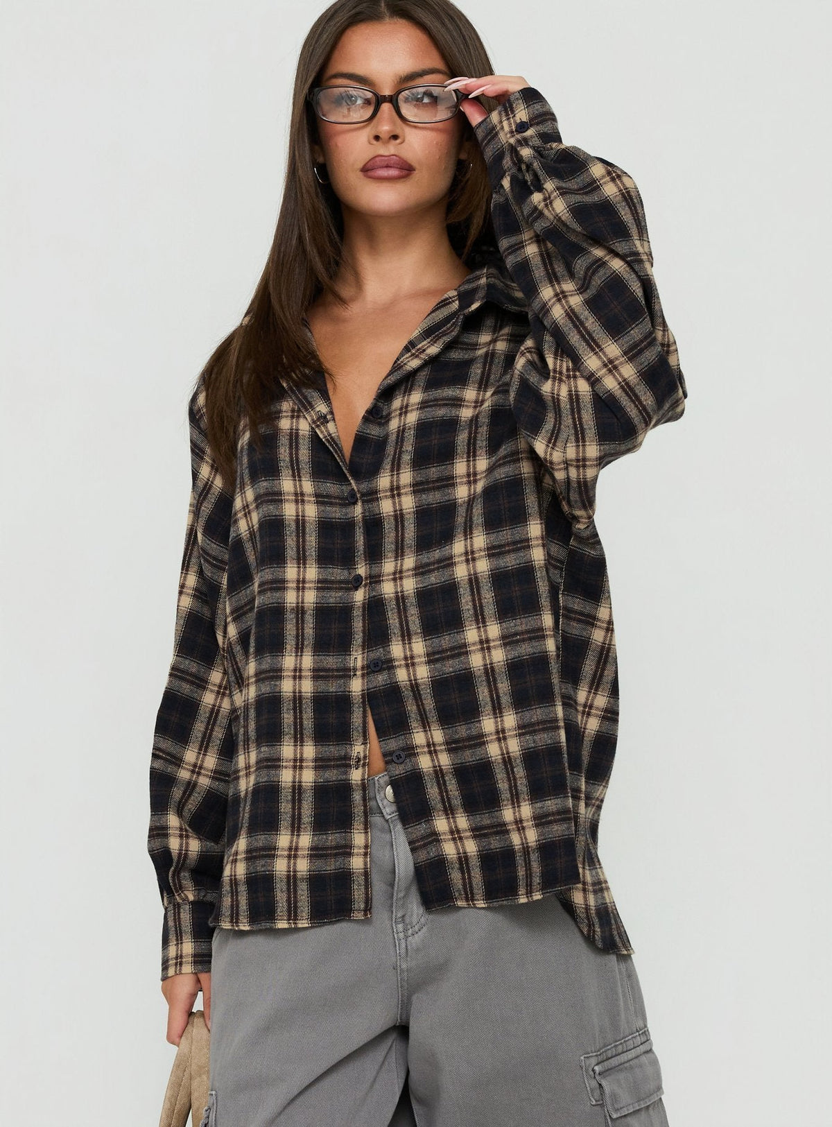Caydence Long Sleeve Button Down Flannel Top Check Multi