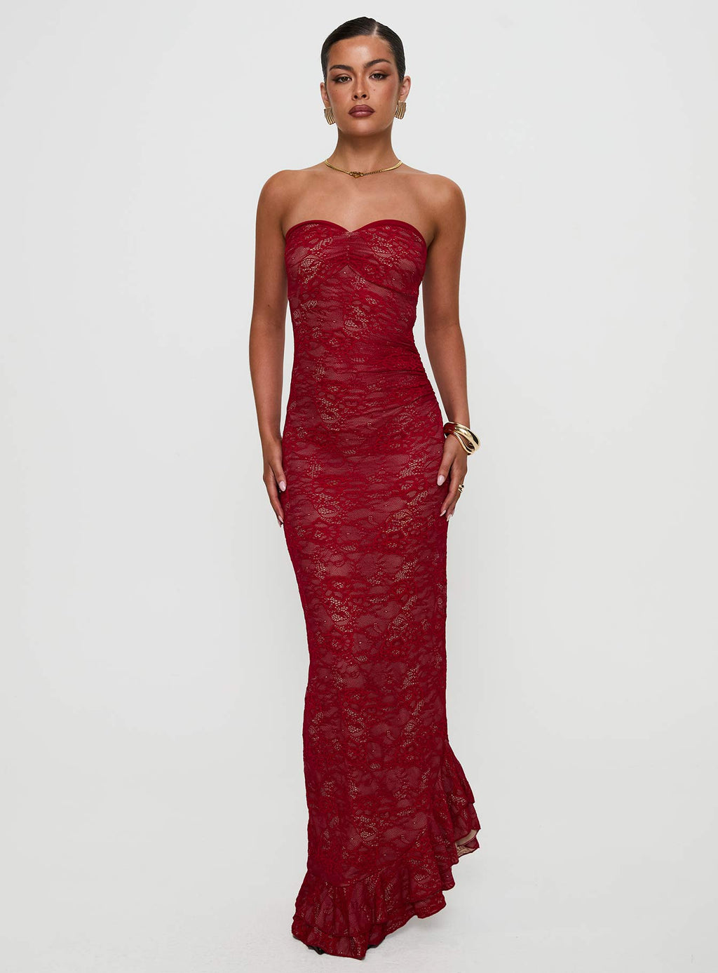 Hailees Lace Strapless Maxi Dress Red