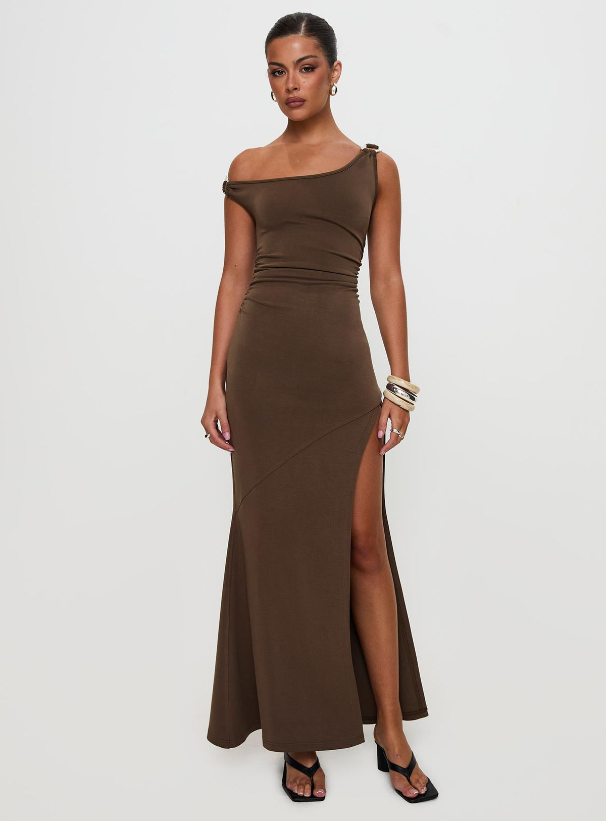 Rios One Shoulder Maxi Dress Brown