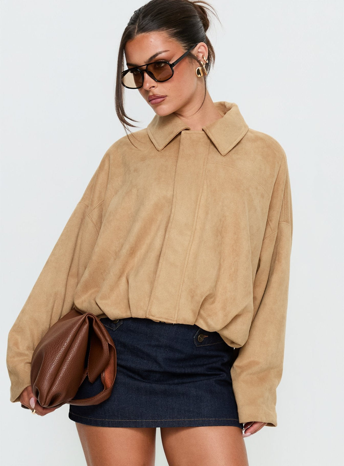Enlightened Faux Suede Bomber Jacket Beige