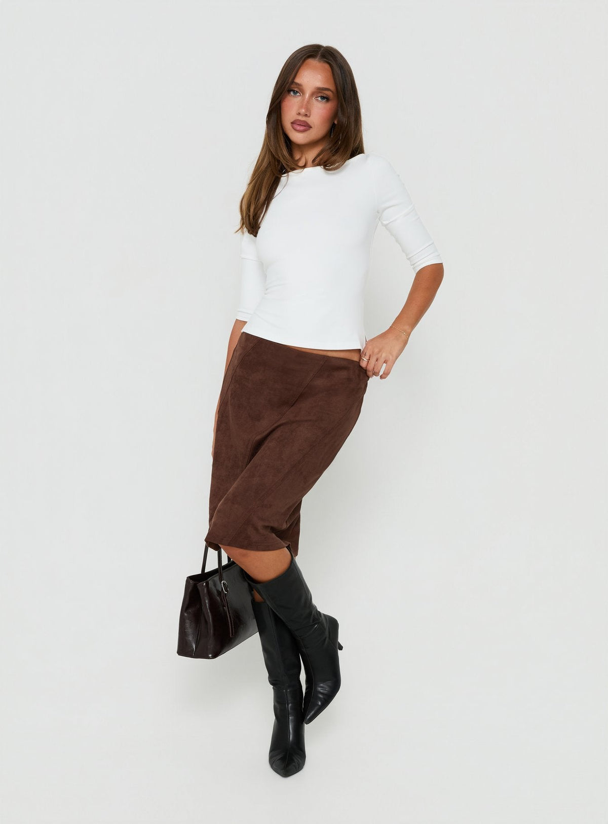 Shades Of Love Faux Suede Midi Skirt Chocolate