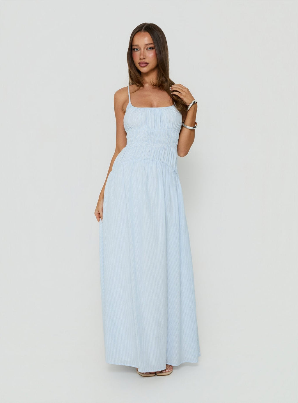 Magnolie Shirred Maxi Dress Blue Stripe