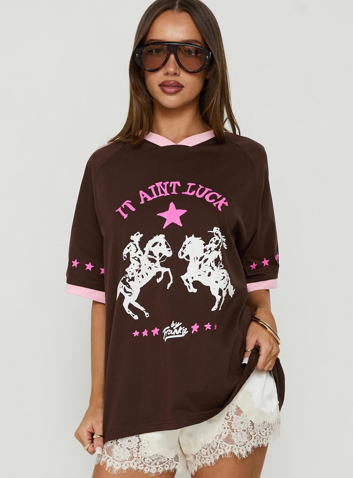 It Ain't Luck Oversized Graphic Tee Brown / Multi
