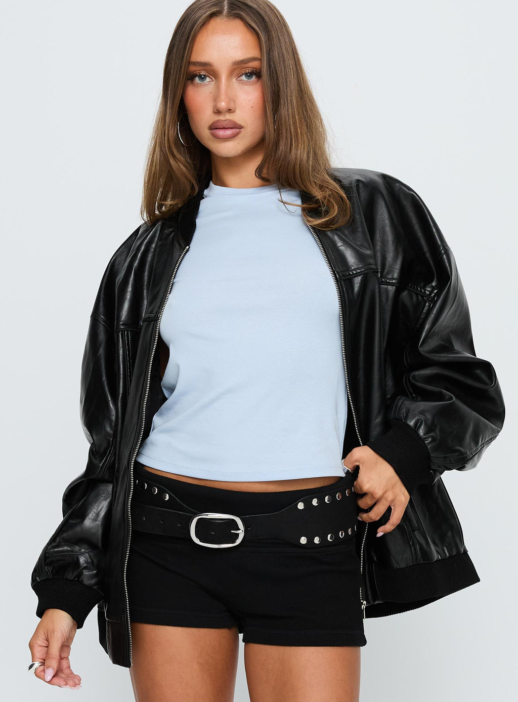 Believe It Faux Leather Bomber Jacket Black