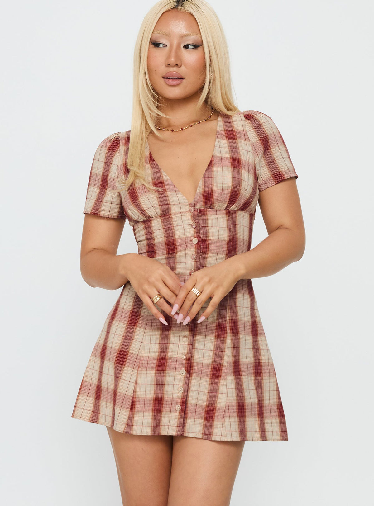 Twist Of Fate V Neck Mini Dress Plaid