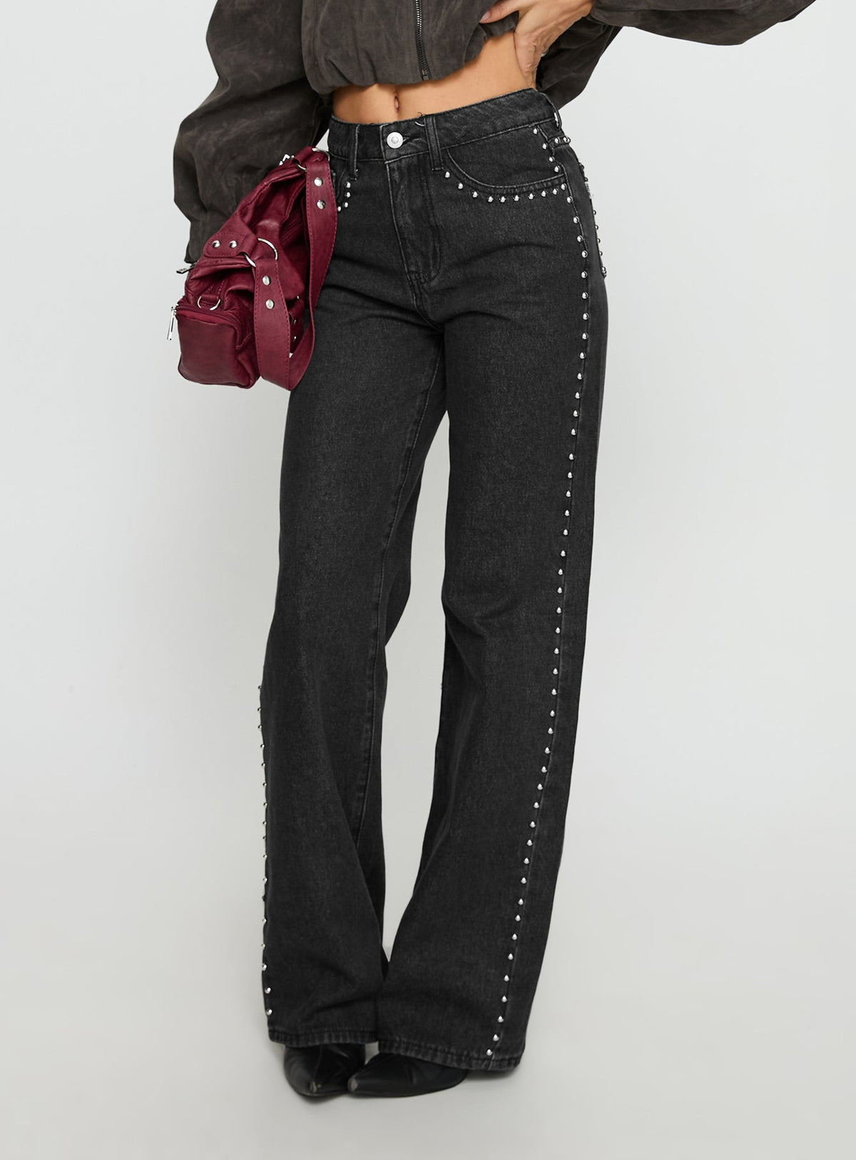 Saving Up Mid Rise Straight Leg Studded Jeans Jet Black