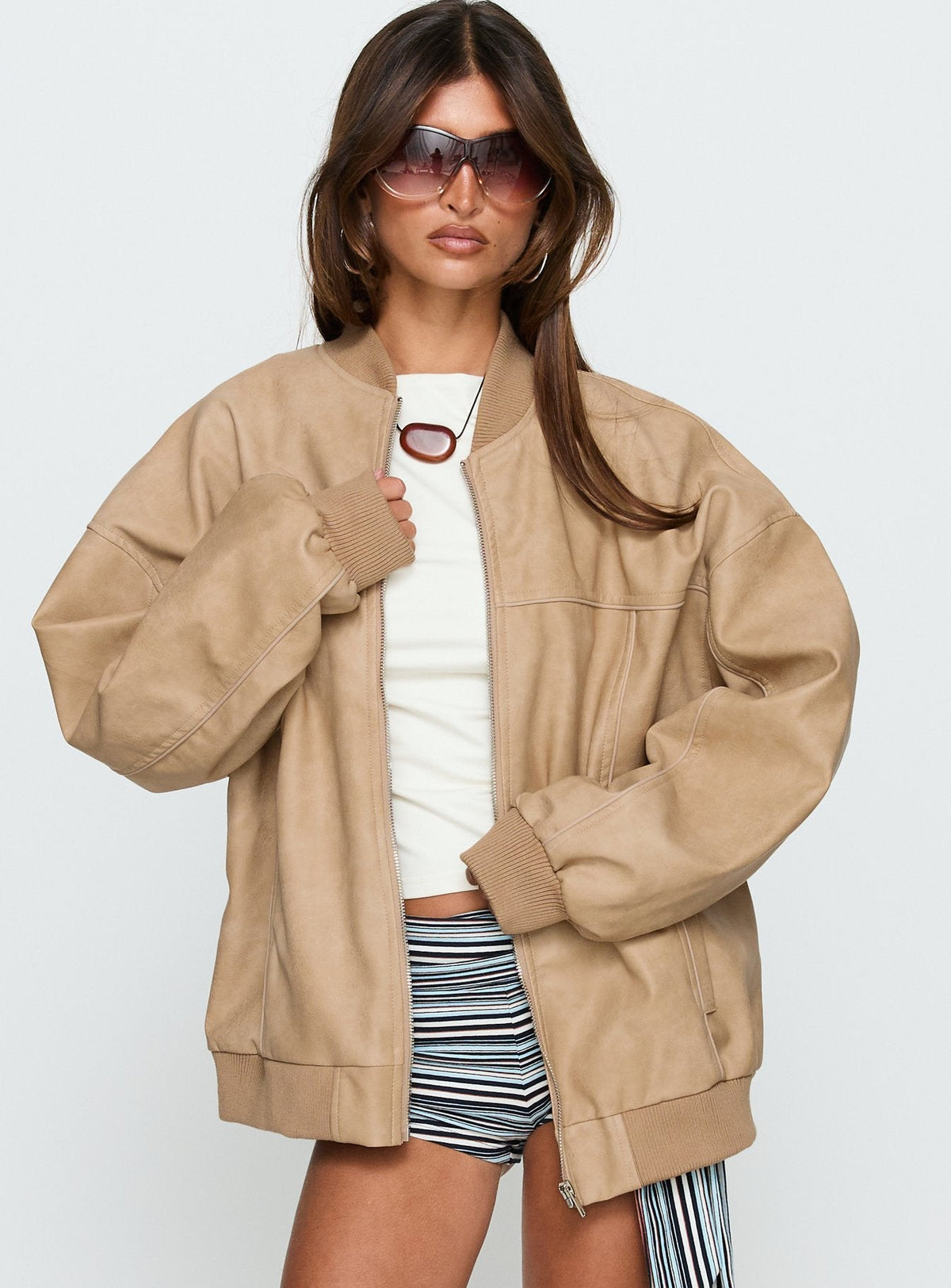 Believe It Faux Leather Bomber Jacket Washed Stone