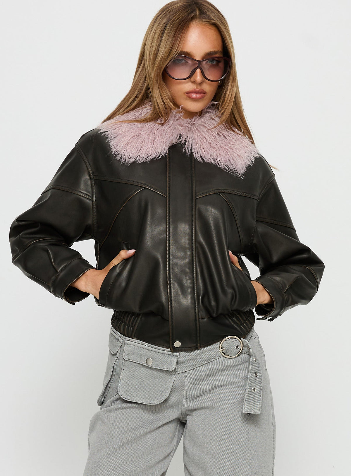 Brittanni Fluffy Collar Jacket Brown / Pink