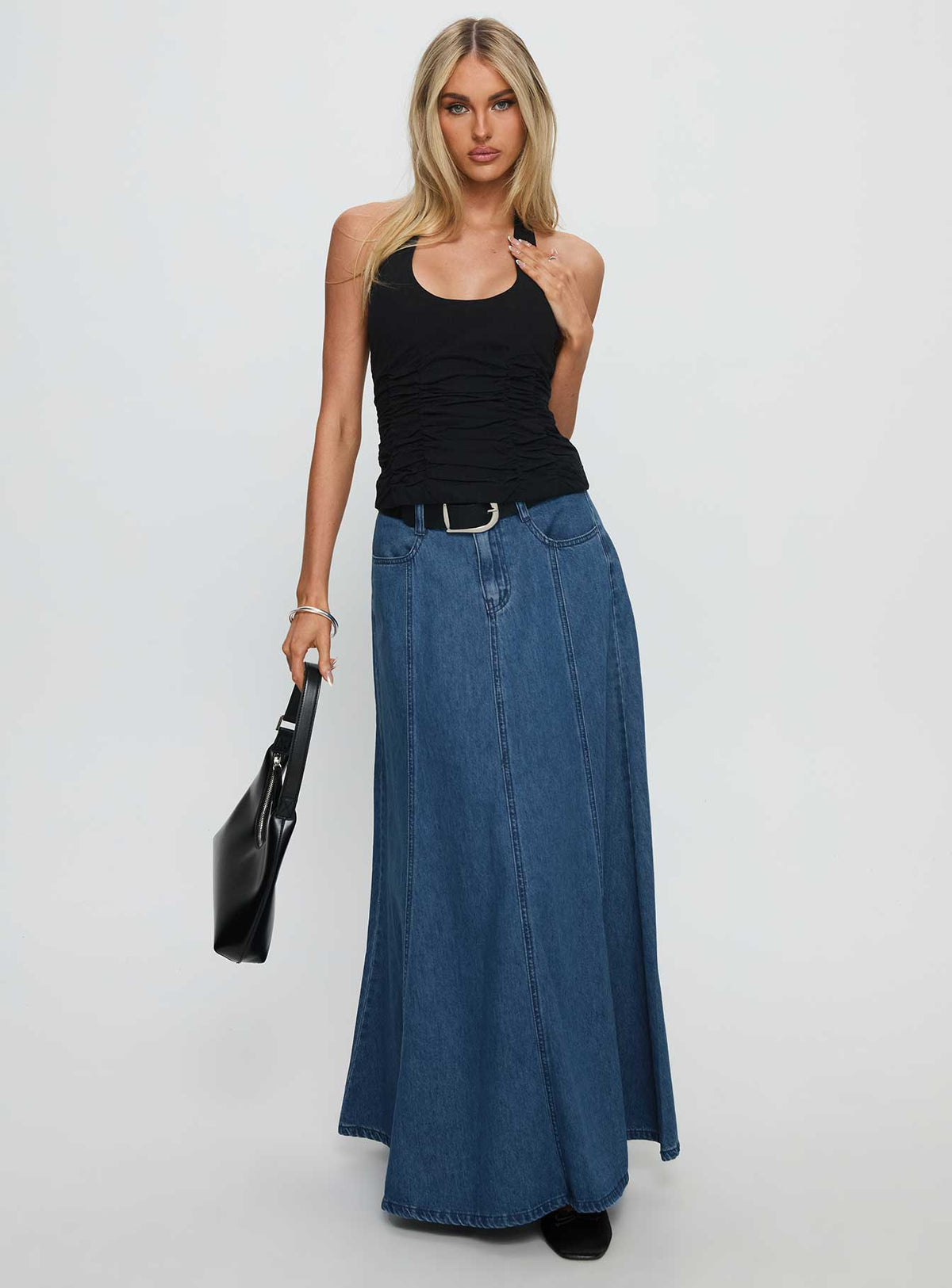 Charleigh Soft Pleat Denim Maxi Skirt Mid Blue Wash
