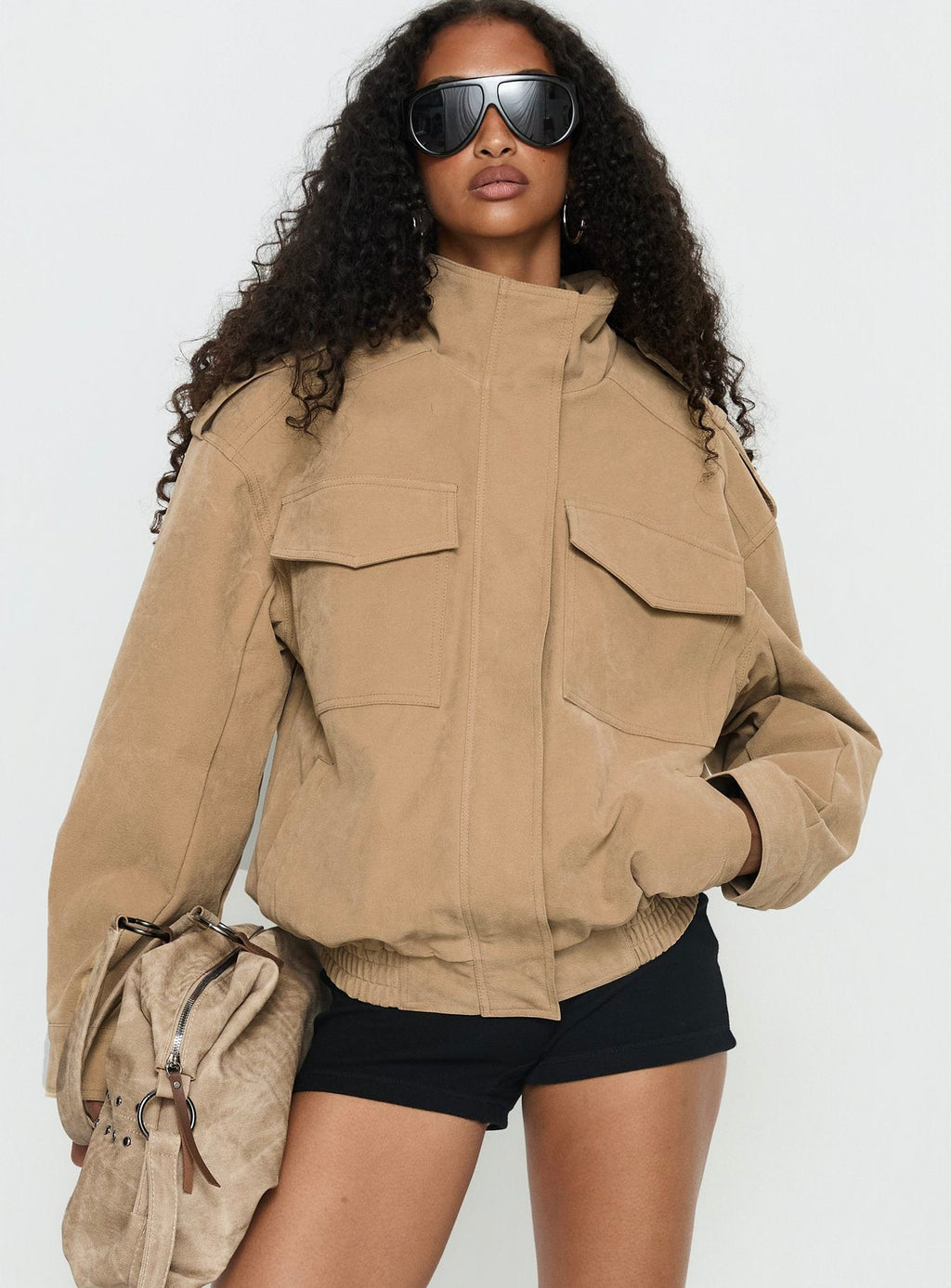 Double Life Funnel Neck Cargo Jacket Beige