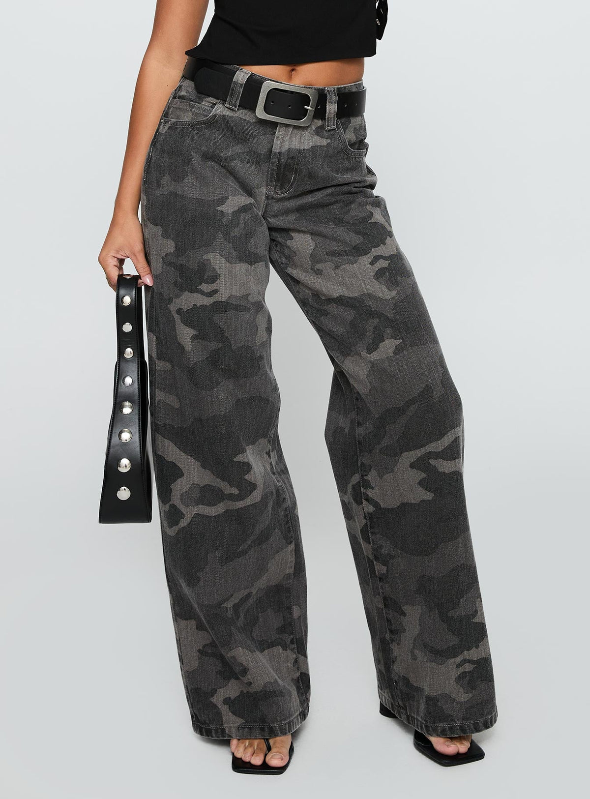 Big Talk Mid Rise Straight Leg Jeans Grey Washed Camo