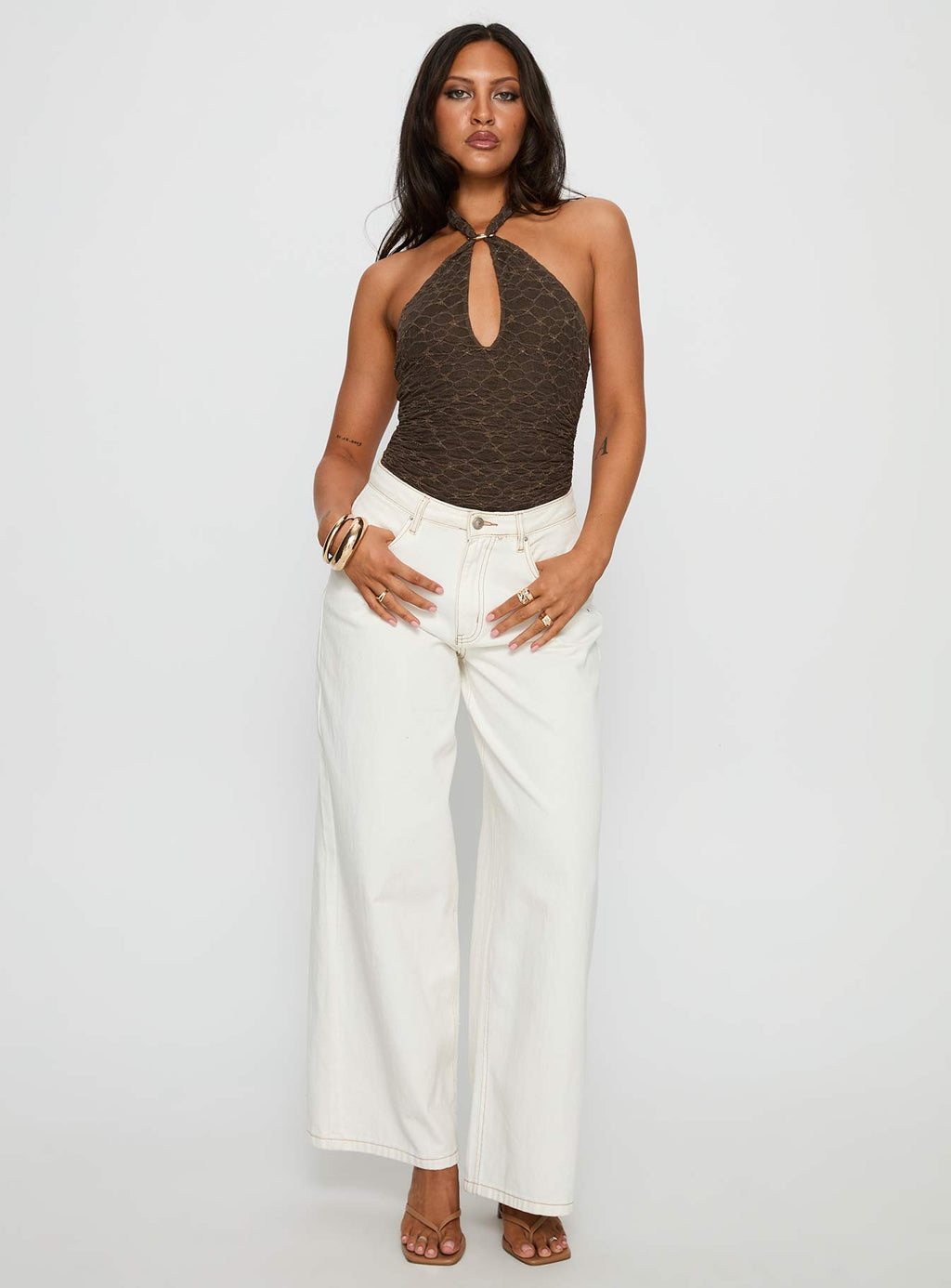 Libbey Hardware Detail Textured Bodysuit Brown