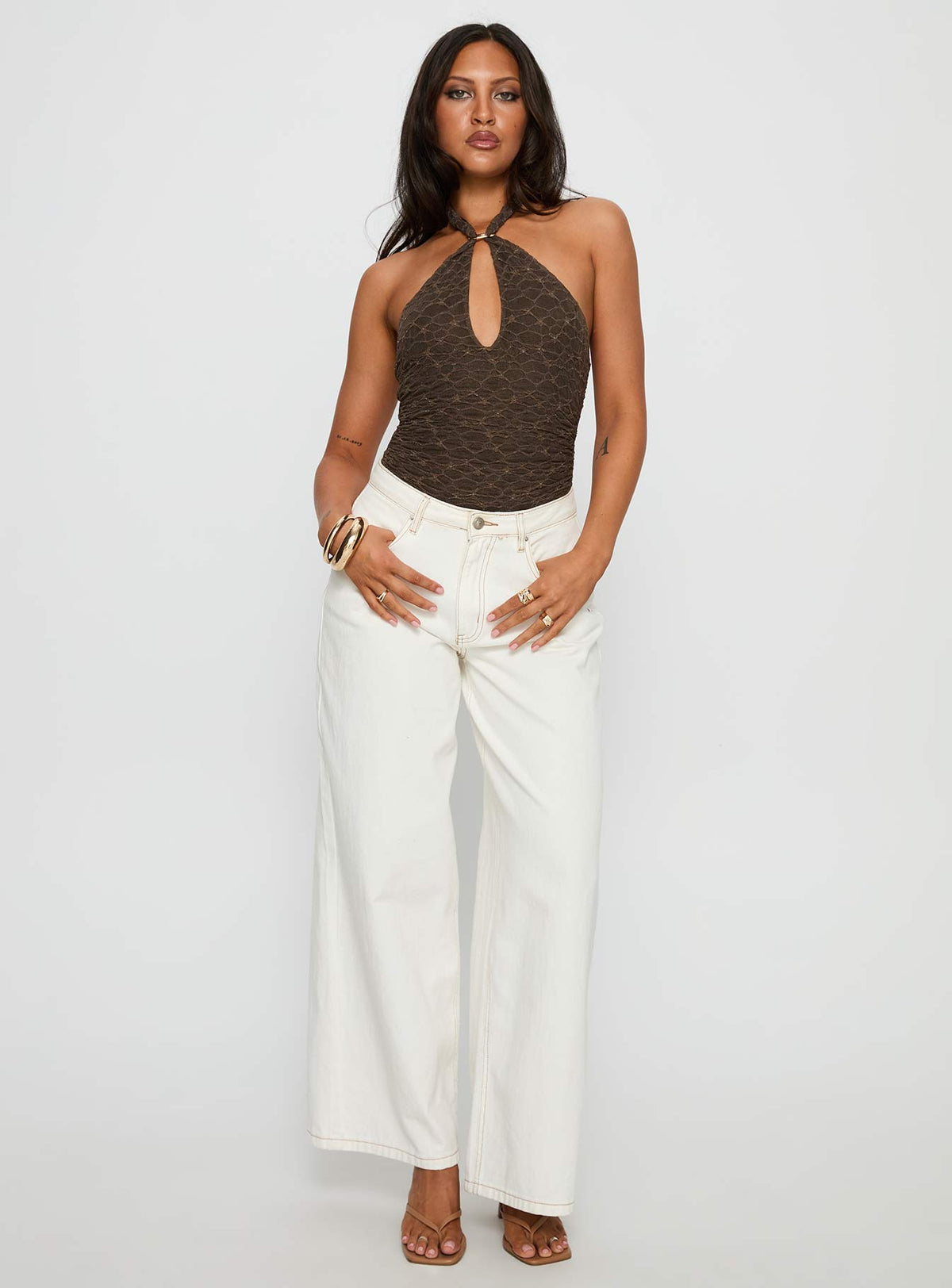 Libbey Hardware Detail Textured Bodysuit Brown