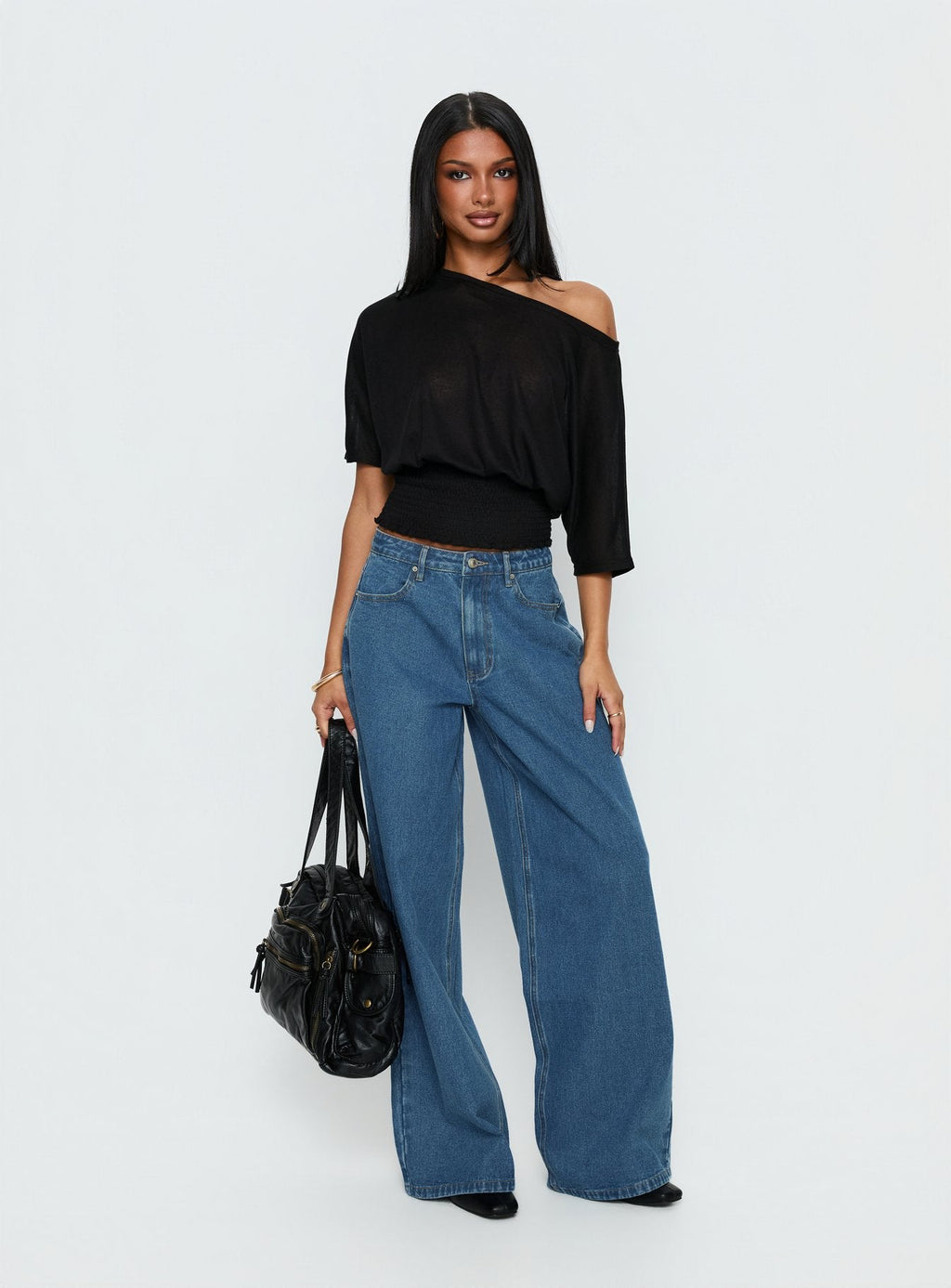 Naylor Mid Rise Wide Leg Jeans Mid Blue Wash