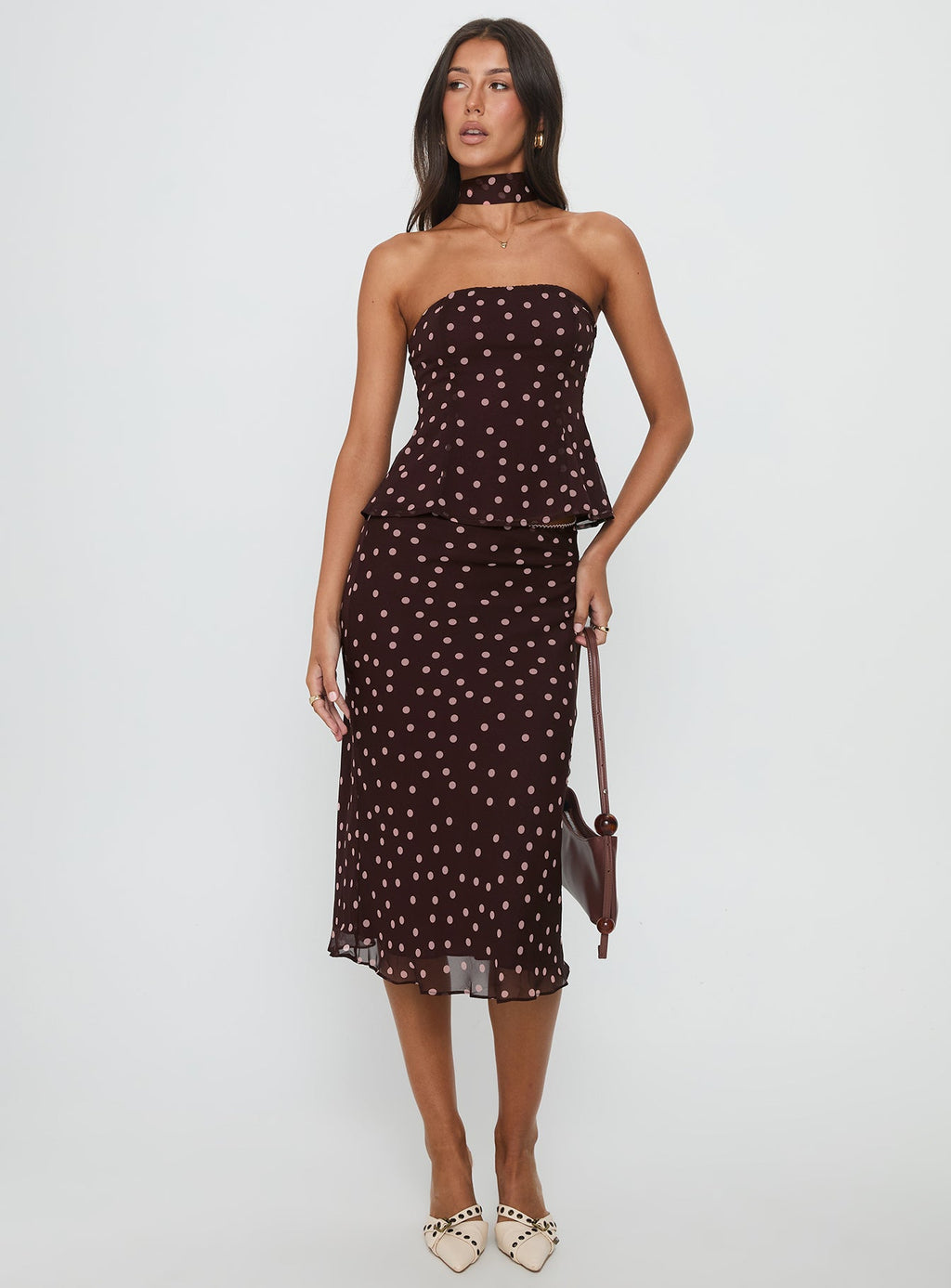 Sydni Midi Bias Cut Skirt Chocolate / Pink Polka