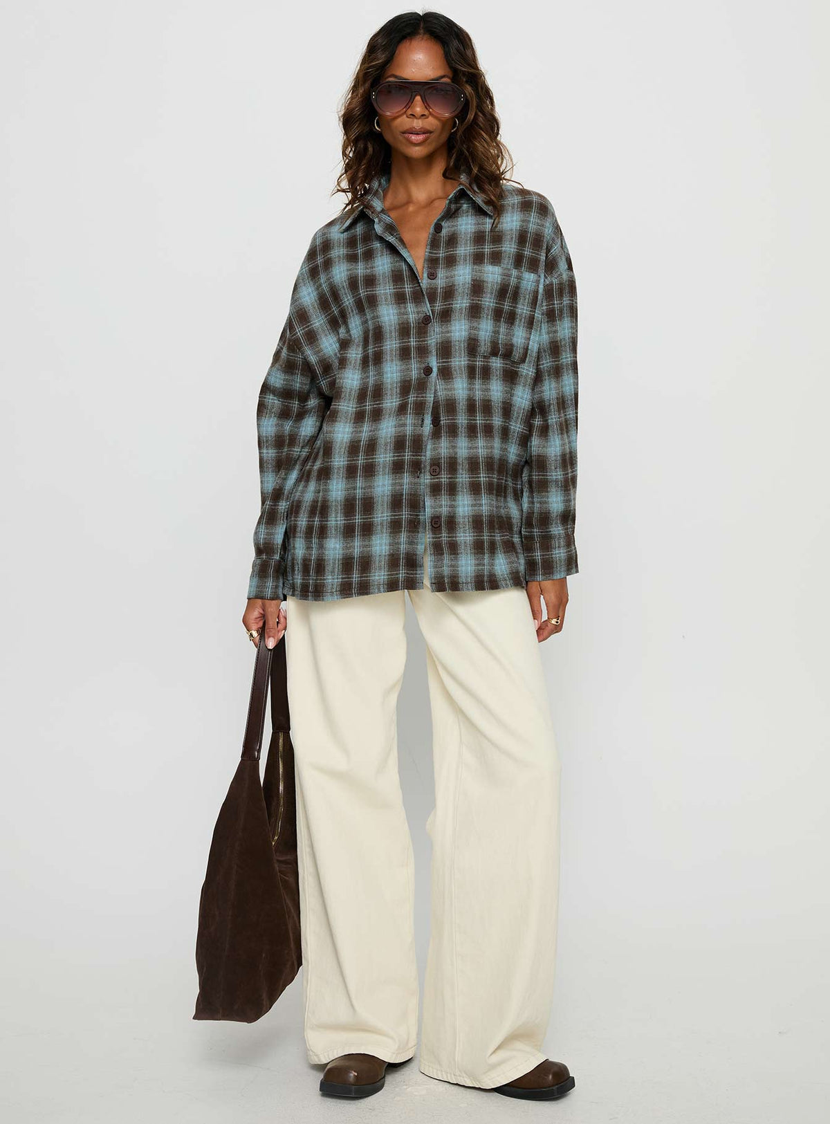 Perlita Long Sleeve Collared Shirt Brown Check