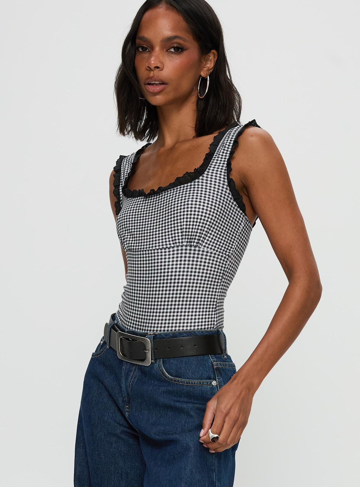Trustfund Lace Trim Bodysuit Black / White Check